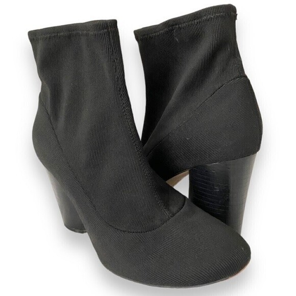 Gunmetal Black Sock Ankle Booties Slip On Round Toe Ribbed Fabric Boots Chunky - Picture 3 of 10